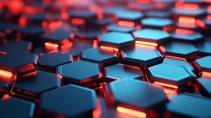 Obraz premium Stunning dark metallic hexagons glow with vibrant red and blue futuristic technological abstract energy background