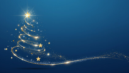 Niebieskie tło świąteczne ze złotą choinką