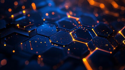Stunning abstract background showcasing glowing orange digital network connections across a dark blue hexagonal structure