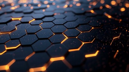 Stunning dark abstract background featuring glowing orange hexagonal geometric patterns ideal for futuristic technology concepts