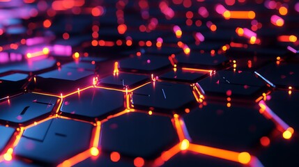 Stunning abstract background featuring glowing hexagonal grid network with vibrant neon orange and pink light trails