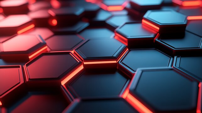 Stunning abstract dark background featuring glowing red and blue illuminated hexagonal tile pattern for futuristic technology - Powered by Adobe