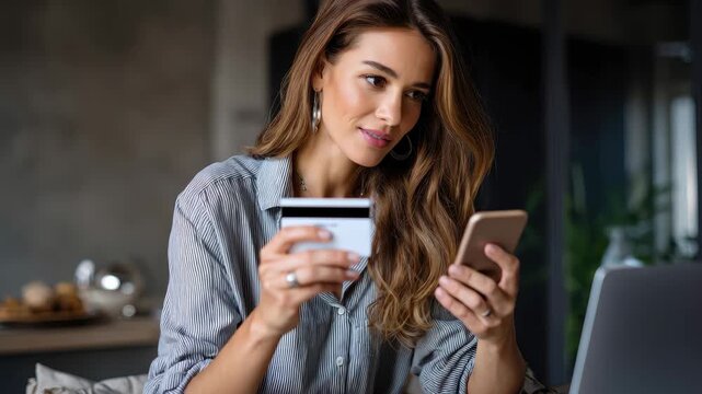 Engaging in online banking and shopping at home with a smartphone and credit card during a relaxed morning