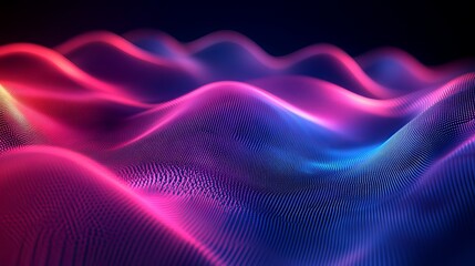 Stunning dynamic wave pattern emerges from glowing pink and blue digital particles in dark abstract space