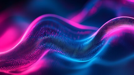 Dynamic abstract wave of vibrant neon pink and electric blue particles flowing through dark space