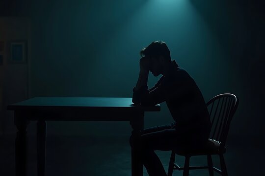 Silhouette of person sitting alone at dark table under dim light, solitude and reflection concept.