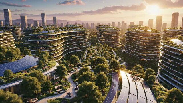 Witness the beauty of an innovative city that harmonizes nature with modern architecture, abundant greenery, and bright sunlight bathing the structures.