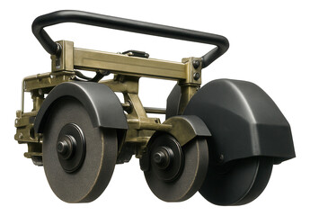 Rail grinding machine featuring abrasive wheels and rear dust collection hoods.