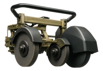 Rail grinding machine featuring abrasive wheels and rear dust collection hoods.