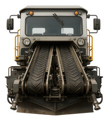 Ballast cleaning vehicle featuring conveyor belts and front water spray nozzles.