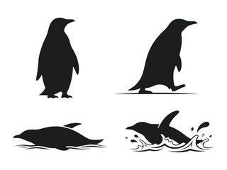 Silhouette depictions of penguins and whales in a simple black and white style