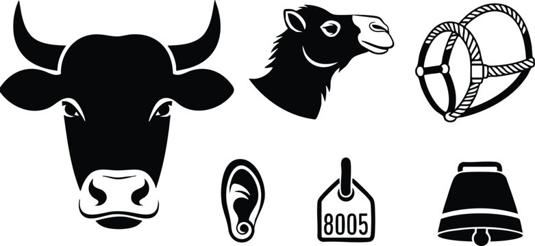 Flat icon set close up cow head camel head ear tag ear ring cowbell rope halter tag visible isolated on white background minimal monochrome vector silhouette