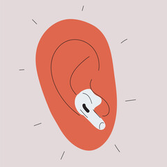 Cartoon vector illustration of an ear with an in-ear earbud inserted, listening to music or audio