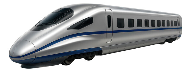 Streamlined train car with a sleek silver design and blue accents.