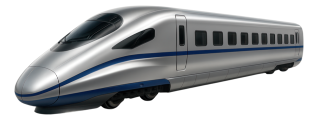 Streamlined train car with a sleek silver design and blue accents.