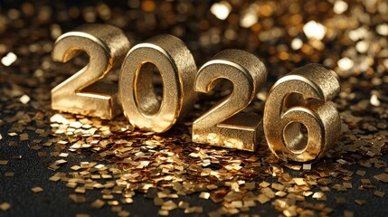 Three dimensional metallic numbers representing the year twenty twenty six rest on a surface covered in golden confetti.