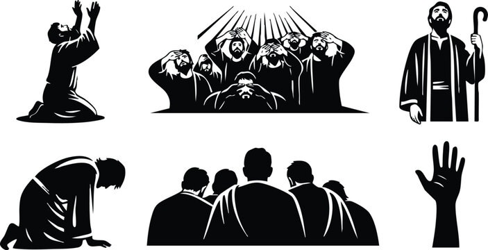 Silhouette vector set showing varied prayer poses including kneeling praying hands raised group worship facing upward with high contrast black and white composition minimalist icon style