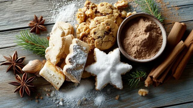 Weihnachtspl&auml;tzchen und Geb&auml;ckauswahl mit Zimt und Puderzucker auf rustikalem Tisch