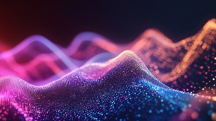 Stunning digital sound wave visualization with vibrant neon particles creating an abstract futuristic data flow background