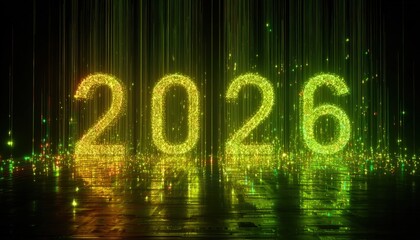 Digital particles form the year twenty twenty six against a dark background