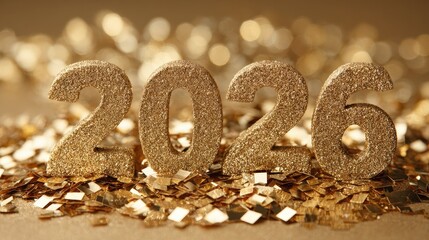 Glittering golden numbers display the year two thousand twenty six amidst sparkling confetti