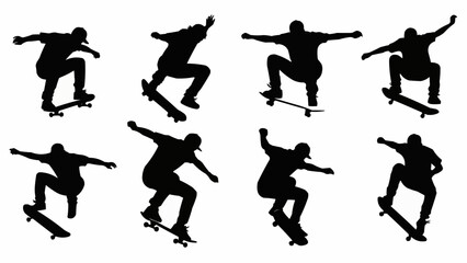 Obraz premium Silhouettes of skateboarders performing tricks on white background