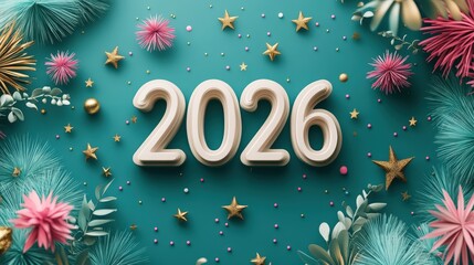 Three dimensional numerals representing the year twenty twenty six centered amidst vibrant festive decorations on a teal background