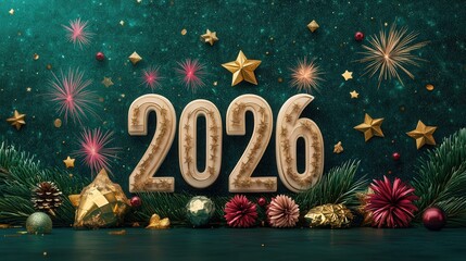 Three dimensional numerals indicating the year twenty twenty six are centered amidst festive decorations and celebratory bursts