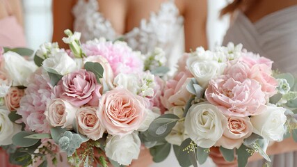 Braut mit elegantem Brautstrauß aus Rosen bei moderner Hochzeit