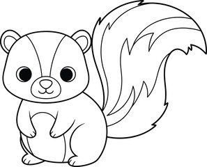 Cute skunk cartoon line art illustration with adorable woodland animal character isolated on white background black and white vector drawing
