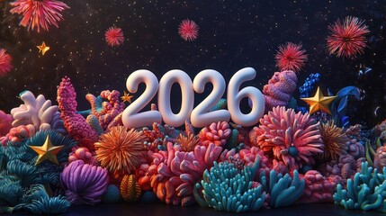 Celebratory numerals marking the upcoming year emerge from a vibrant underwater garden display