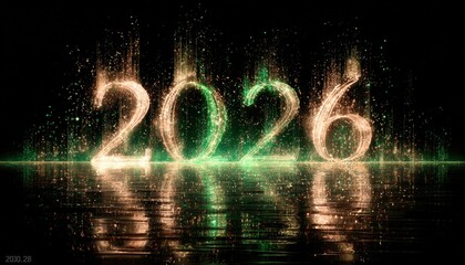 Luminescent digits representing the year twenty twenty six glow with shimmering particles against a dark background