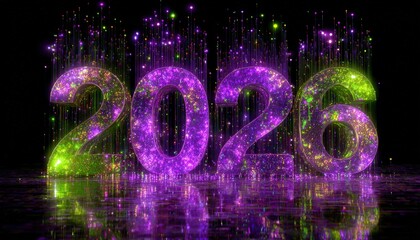 Illuminated numbers representing the year twenty twenty six stand on a reflective surface with descending light particles