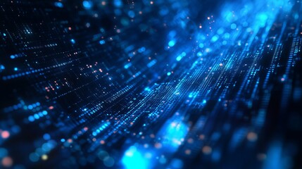 Stunning dynamic blue digital data stream flows through abstract cyberspace with glowing binary code elements