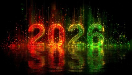 Luminescent digital numbers representing the year two thousand twenty six glow against a dark background