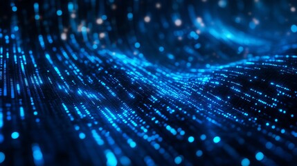 Stunning dynamic blue light particles flowing across a futuristic digital wave surface representing big data streams