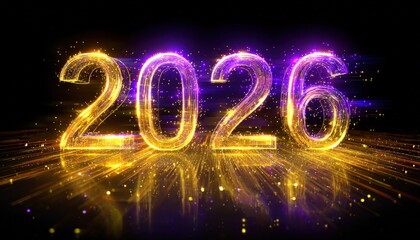 Glowing numerical digits representing the year twenty twenty six emerge from a vibrant light show