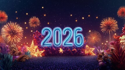 Glowing numerals marking the arrival of the year twenty twenty six illuminate a vibrant night celebration backdrop