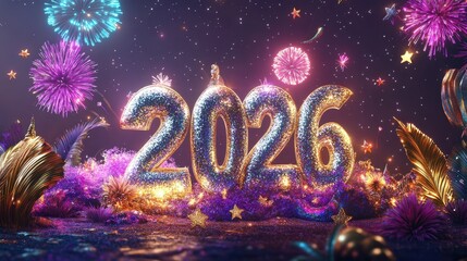 Glittering numerical representation of the year two thousand twenty six illuminates a celebratory night scene