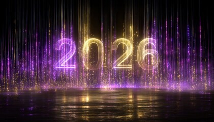 Glowing neon numerals signifying the year two thousand twenty-six illuminate a dark stage with falling light streams