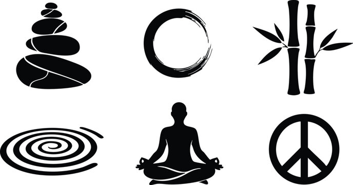 Minimalist icon set zen meditation symbols enso bamboo stacked stones spiral lotus pose peace sign black silhouette icons flat vector art for wellness spa branding calm
