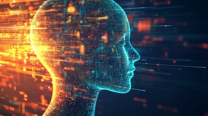 Stunning digital human profile emerges from vibrant streams of futuristic data and glowing information flow