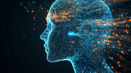 Stunning profile of digital human consciousness exploding with vibrant data streams representing artificial intelligence breakthroughs