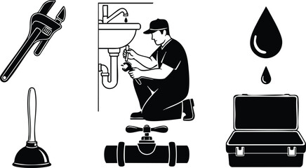 Flat design close up plumber kneeling under sink fixing pipe with wrench and plunger tool kit valve water drop repair plumbing icons black silhouettes white background