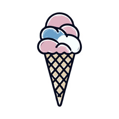 Hand-drawn illustration of a multi-scoop ice cream cone with pink, blue, and white scoops on a clean white background, symbolizing summer treats