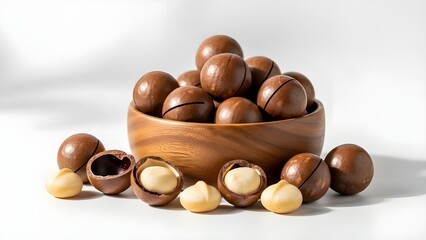 Dried Coconut Chips in Wooden Bowl Isolated on White Background

