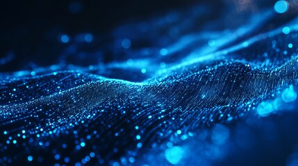 Stunning abstract wave of vibrant blue digital data particles flowing across a dark technological background