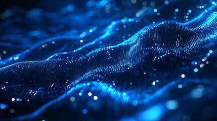 Stunning deep blue digital wave texture pulsing with bright light particles representing data flow and connectivity