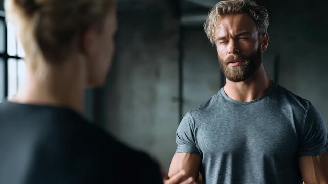 Professional male personal trainer instructing a client in a modern gym setting during a workout session focused on fitness techniques and personal development