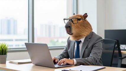 Capybara in business suit working on laptop at office desk with plants and city view behind